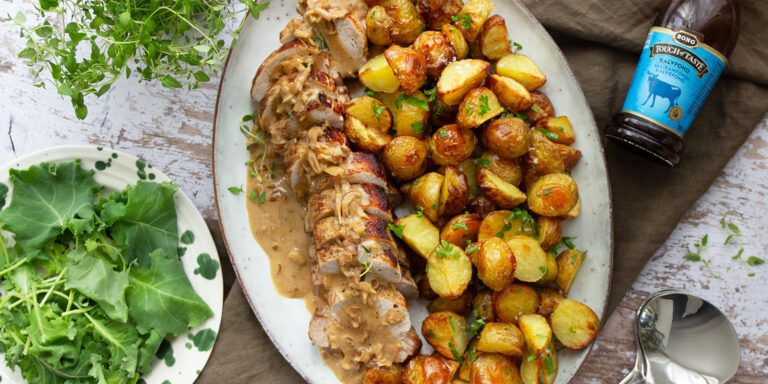Fläskytterfilé i ugn med cidersås och krispig potatis